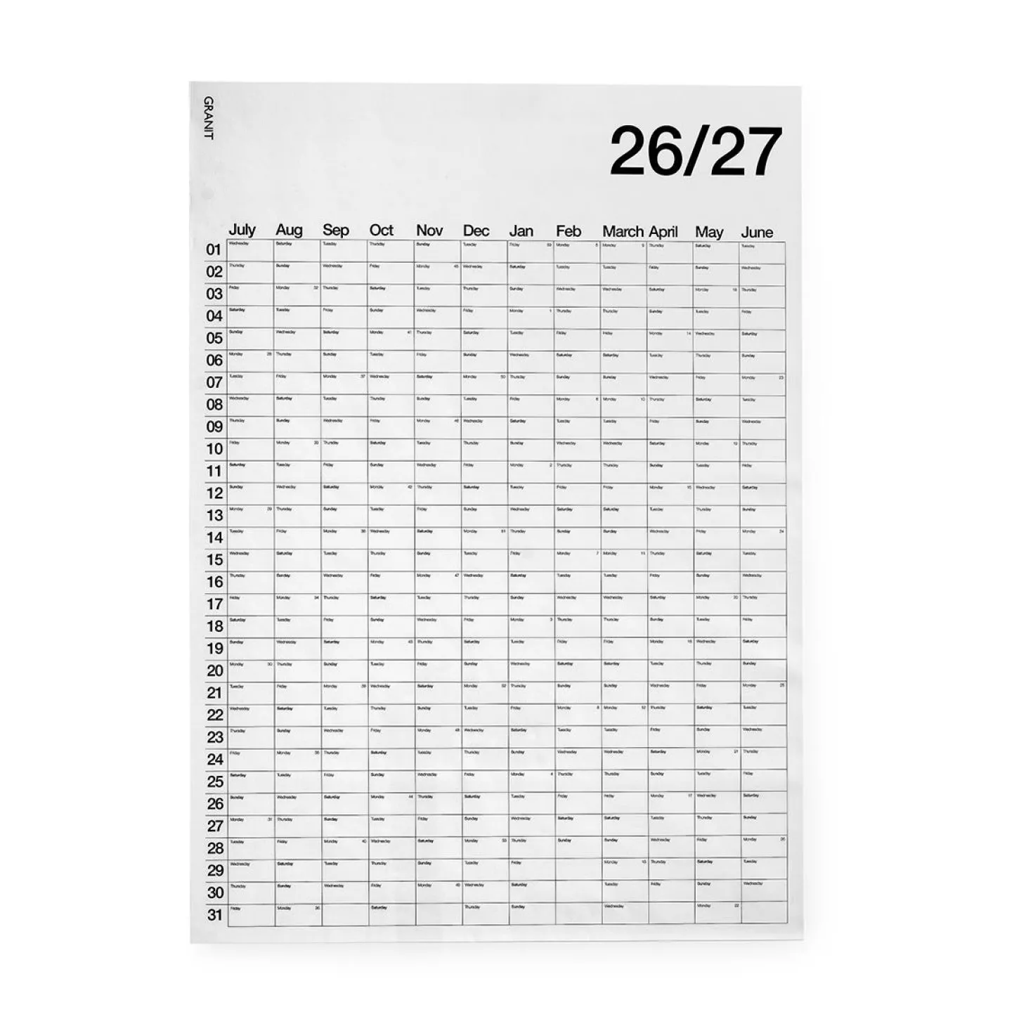 Årsplan 50x70cm 2026/2027 Engelska Vit