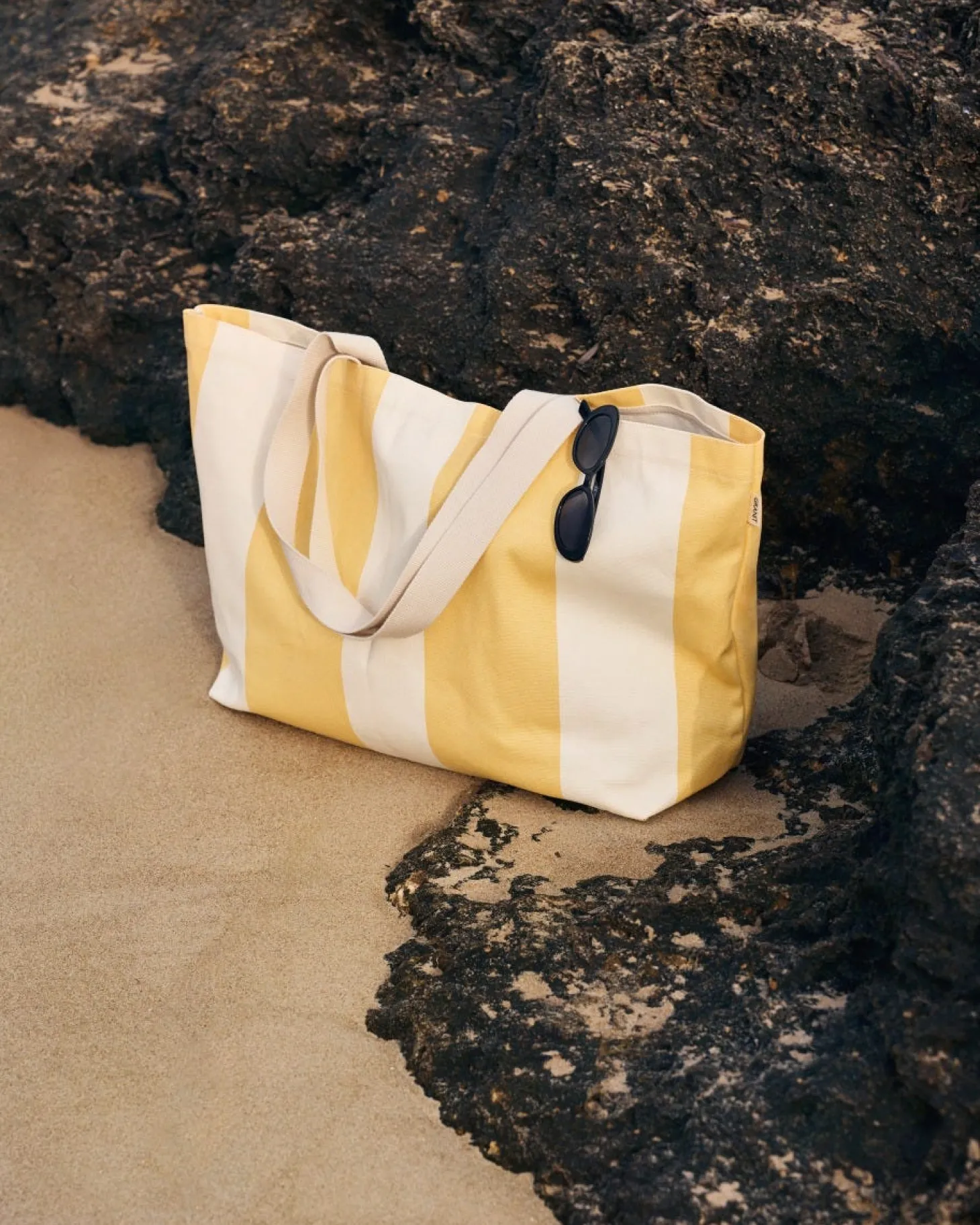 Strandväska Bomull 38x55x19,5cm Randig Gul/Vit